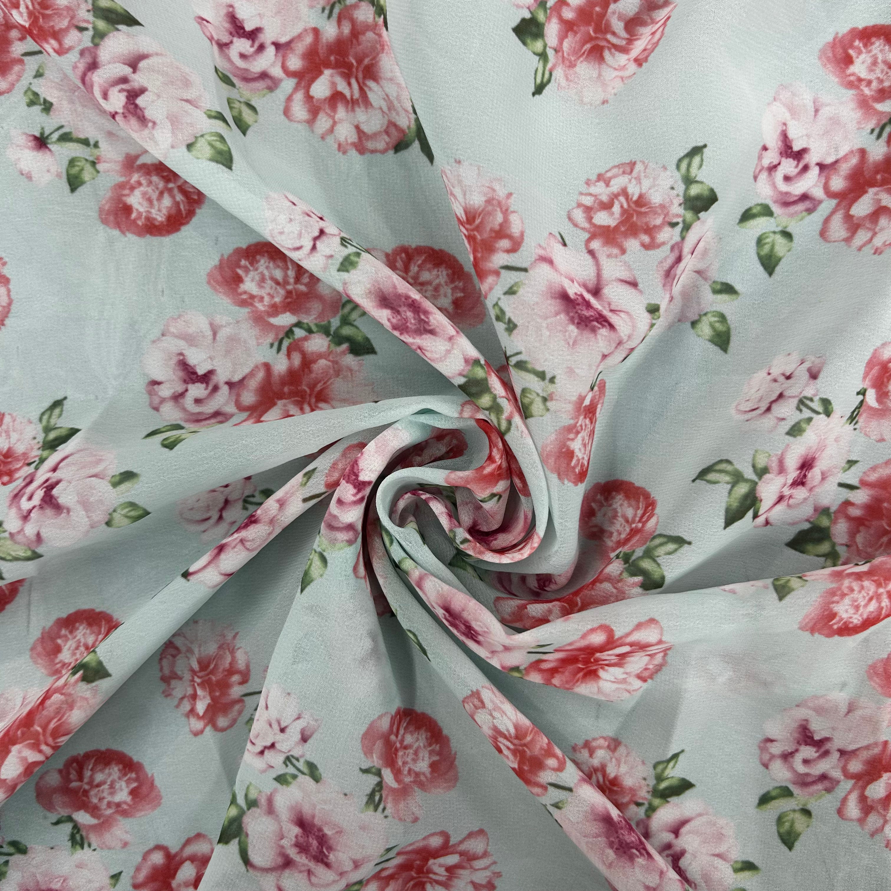 Blue Floral Printed Polyester Chiffon | SALEXML108