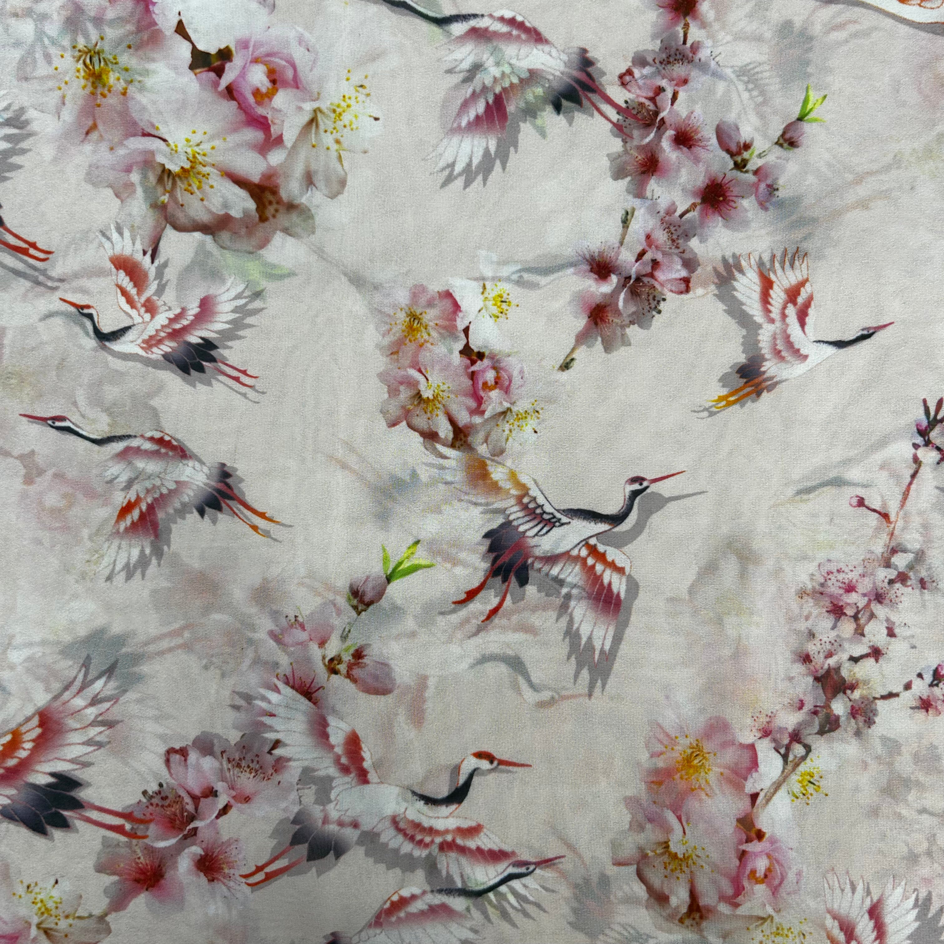Bird Print With Floral Design Polyester Chiffon | SALEXML122