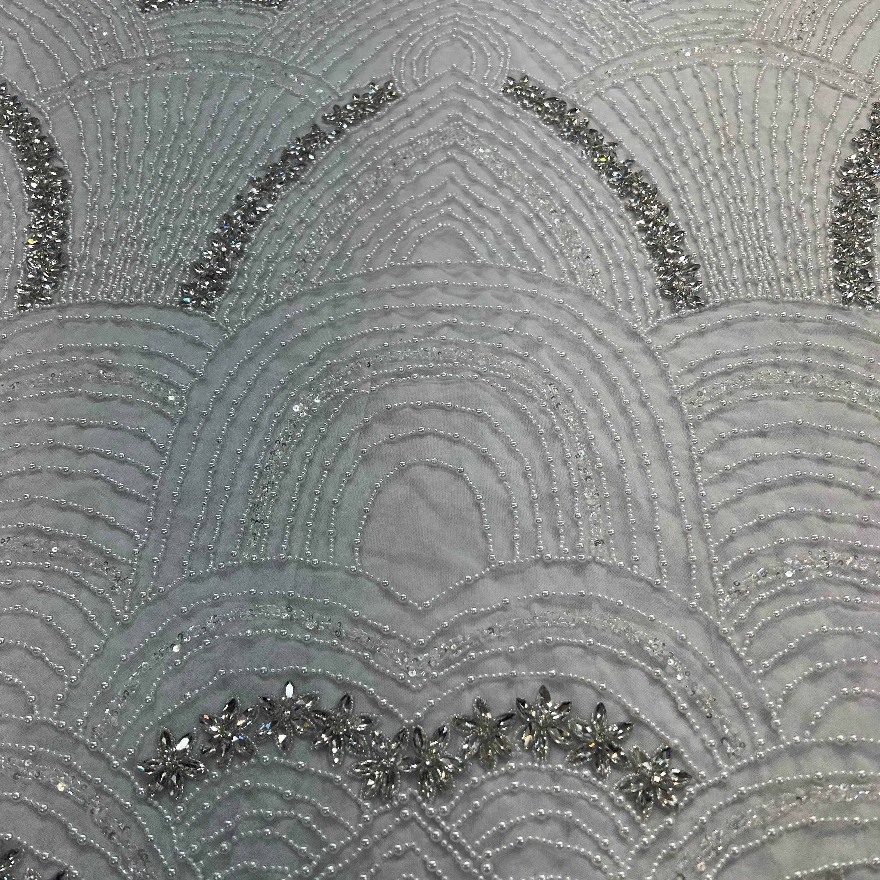 Hand Beaded Pearl & Rhinestone Fabric AE041