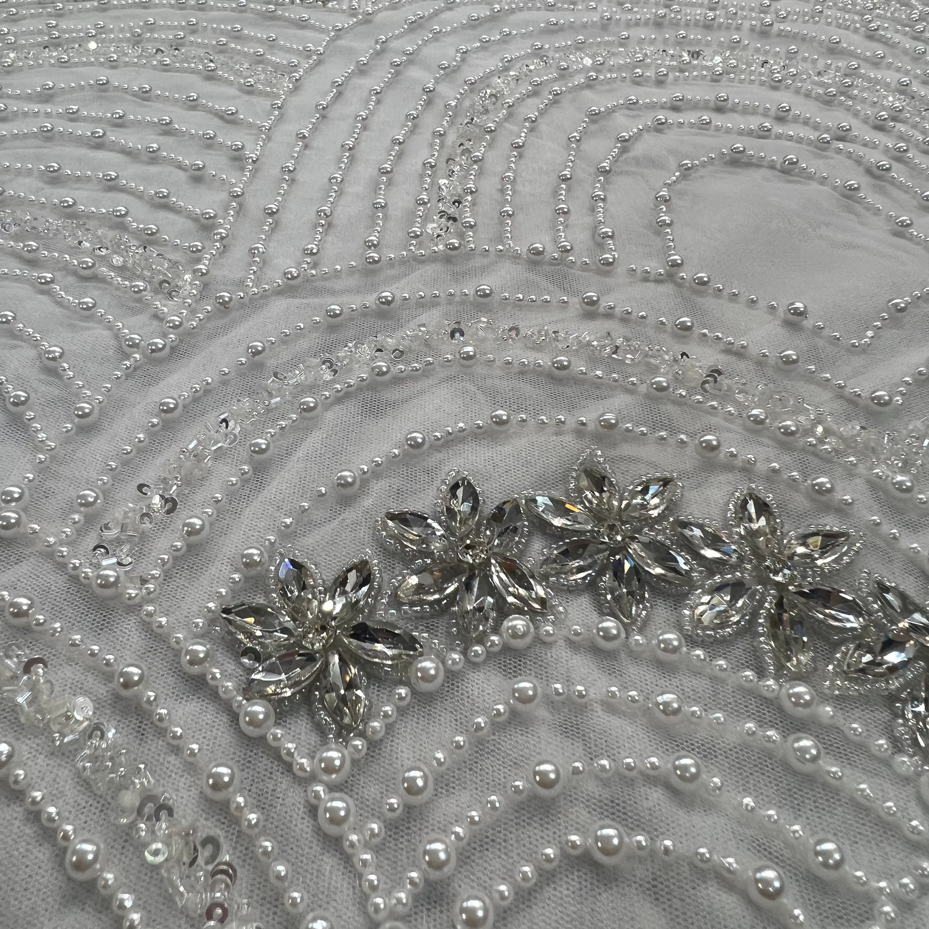 Hand Beaded Pearl & Rhinestone Fabric AE041