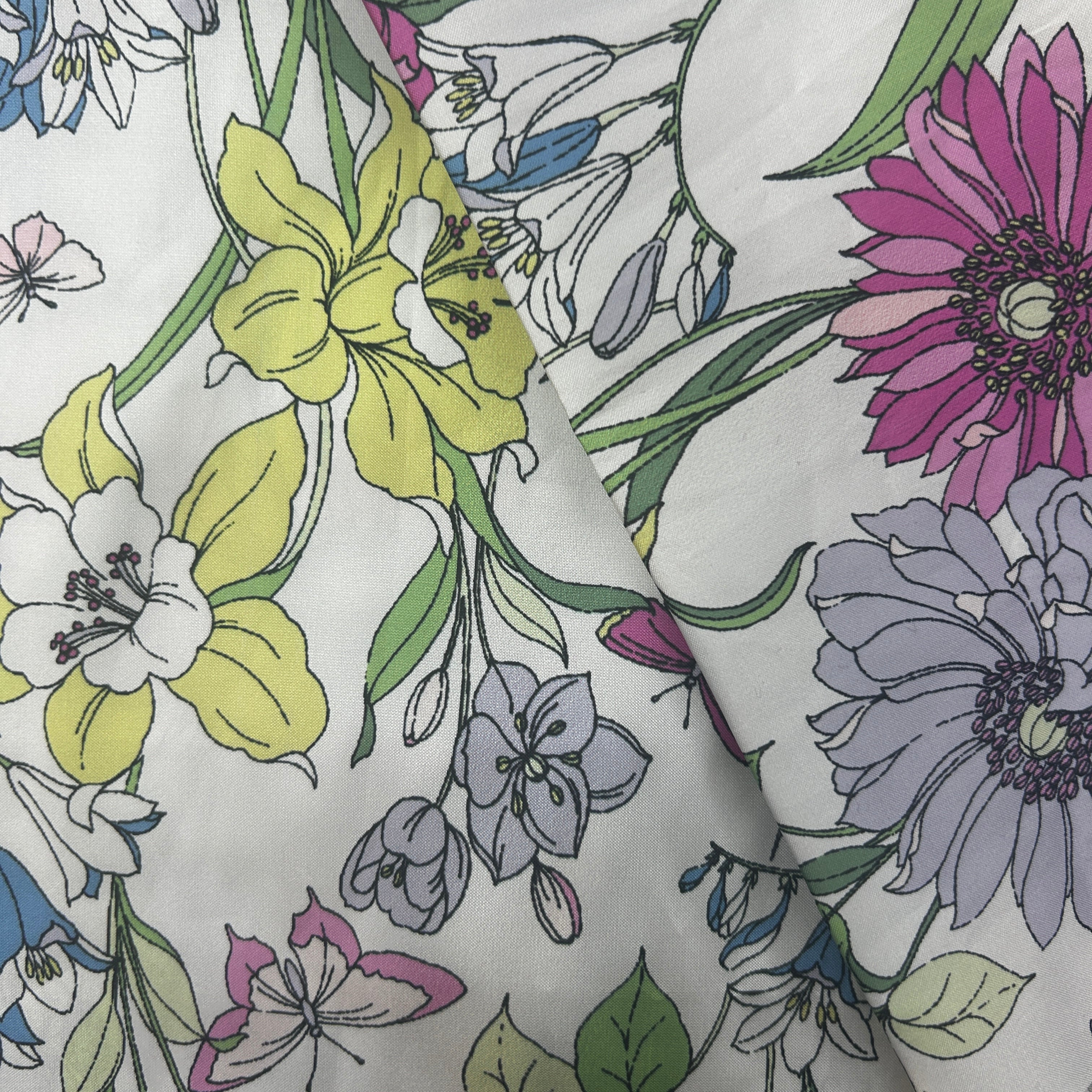Floral fabric pattern with colorful flowers on a white background