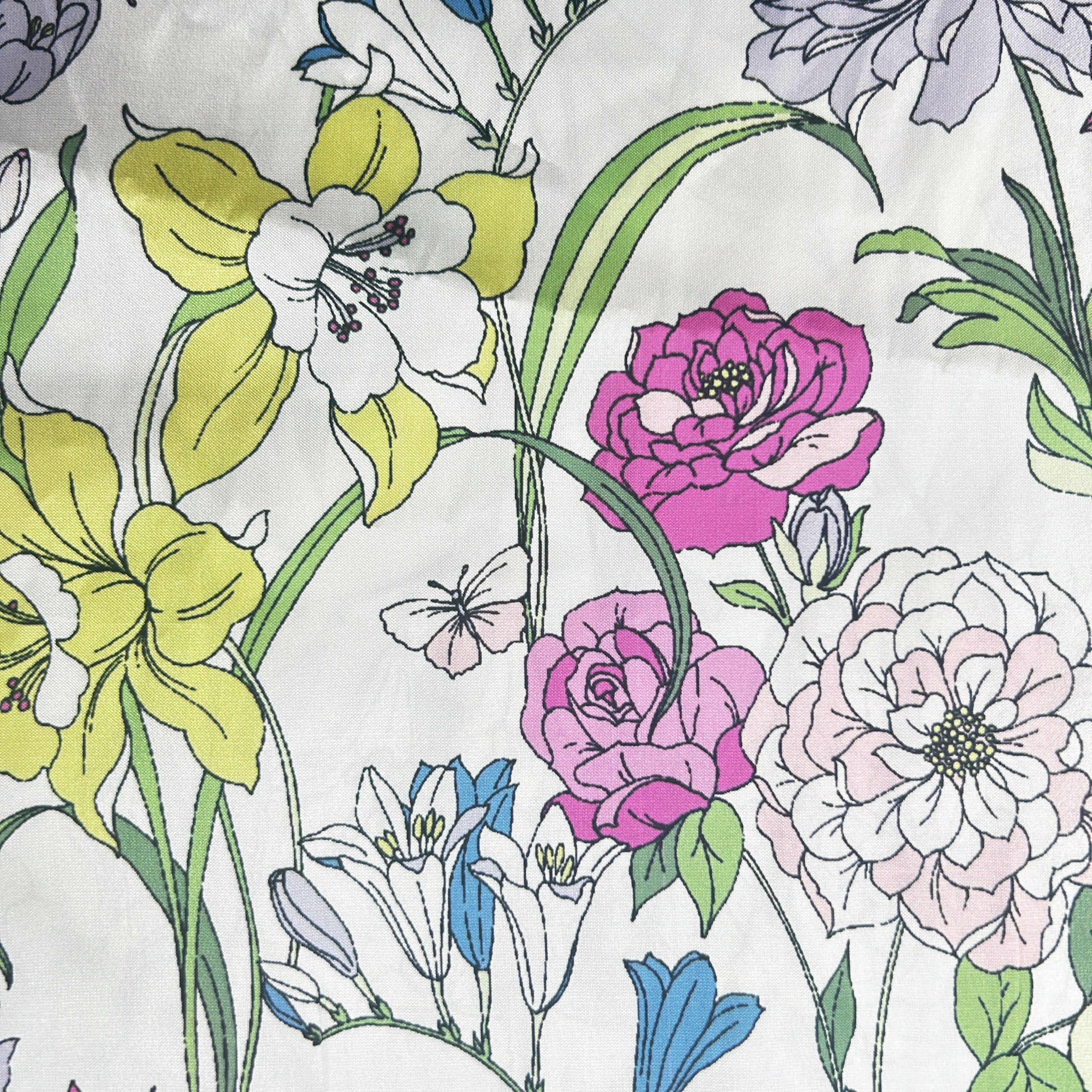 Colorful floral pattern with various flowers on a white background