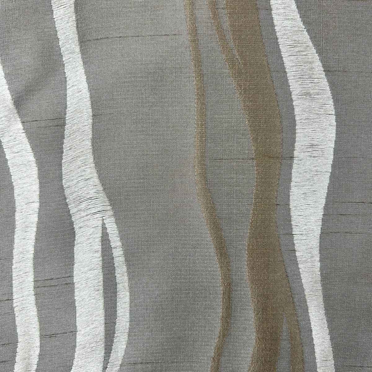 A close-up of a woven fabric or wallpaper pattern featuring vertical wavy stripes in white, taupe-brown, and gray.