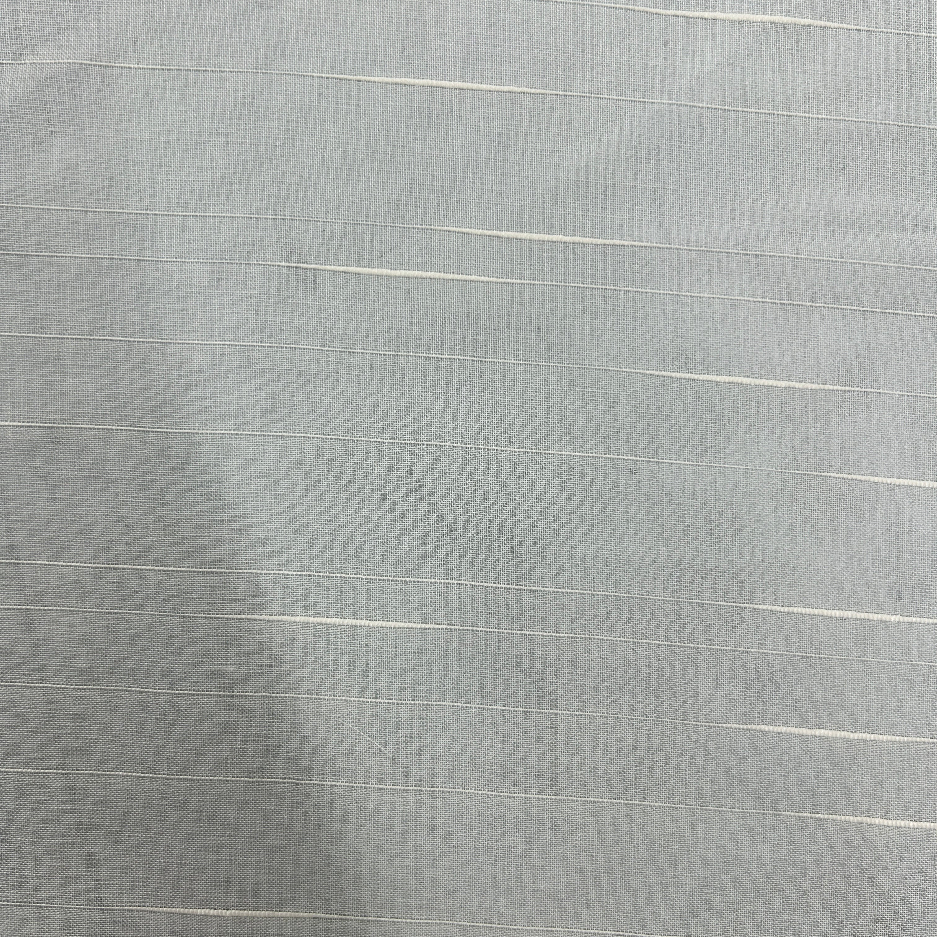 A close-up of a light gray woven fabric with thin, horizontal off-white stripes running across it.