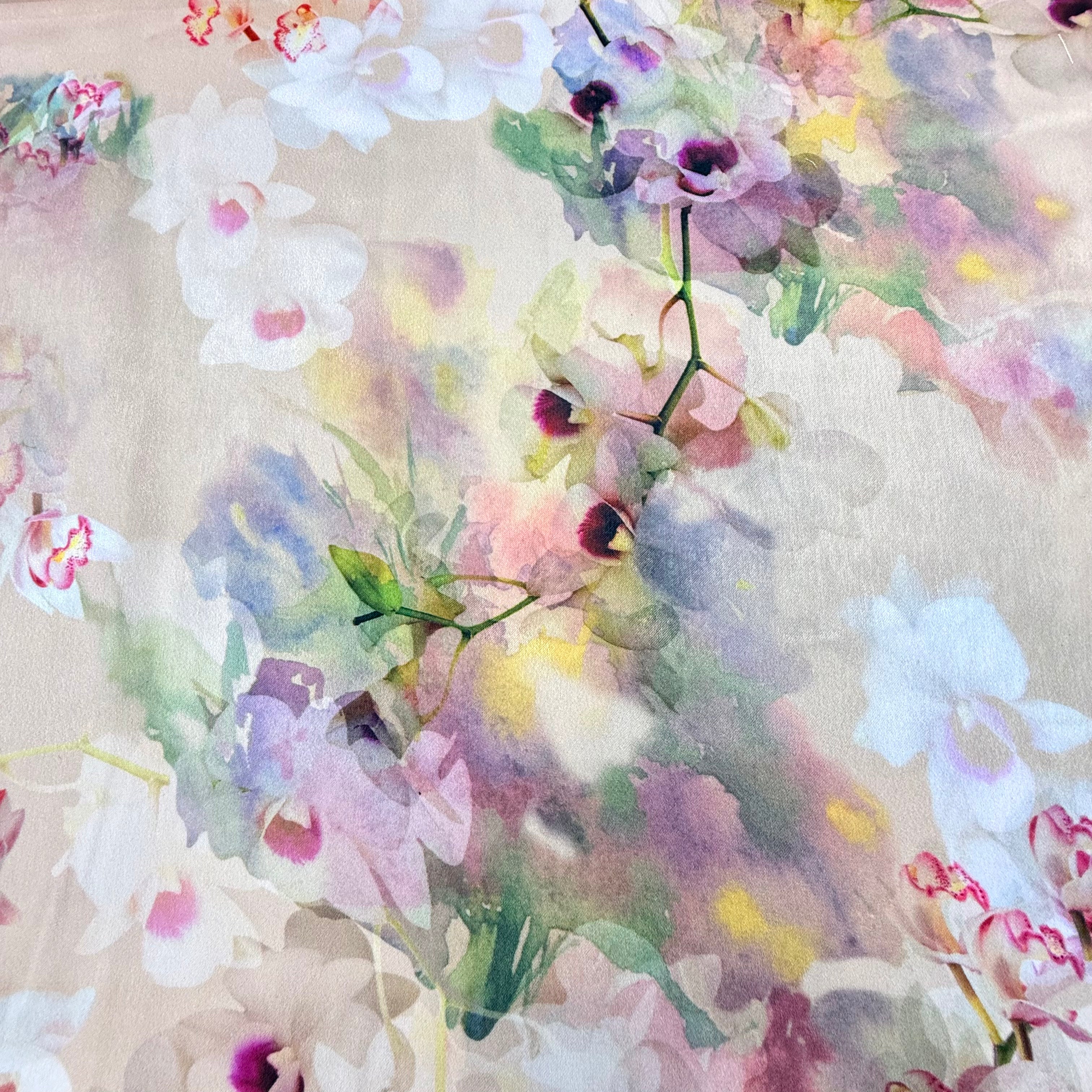 Cream & Peach Floral Printed Satin Fabric - 4m | SALEXM 68,73