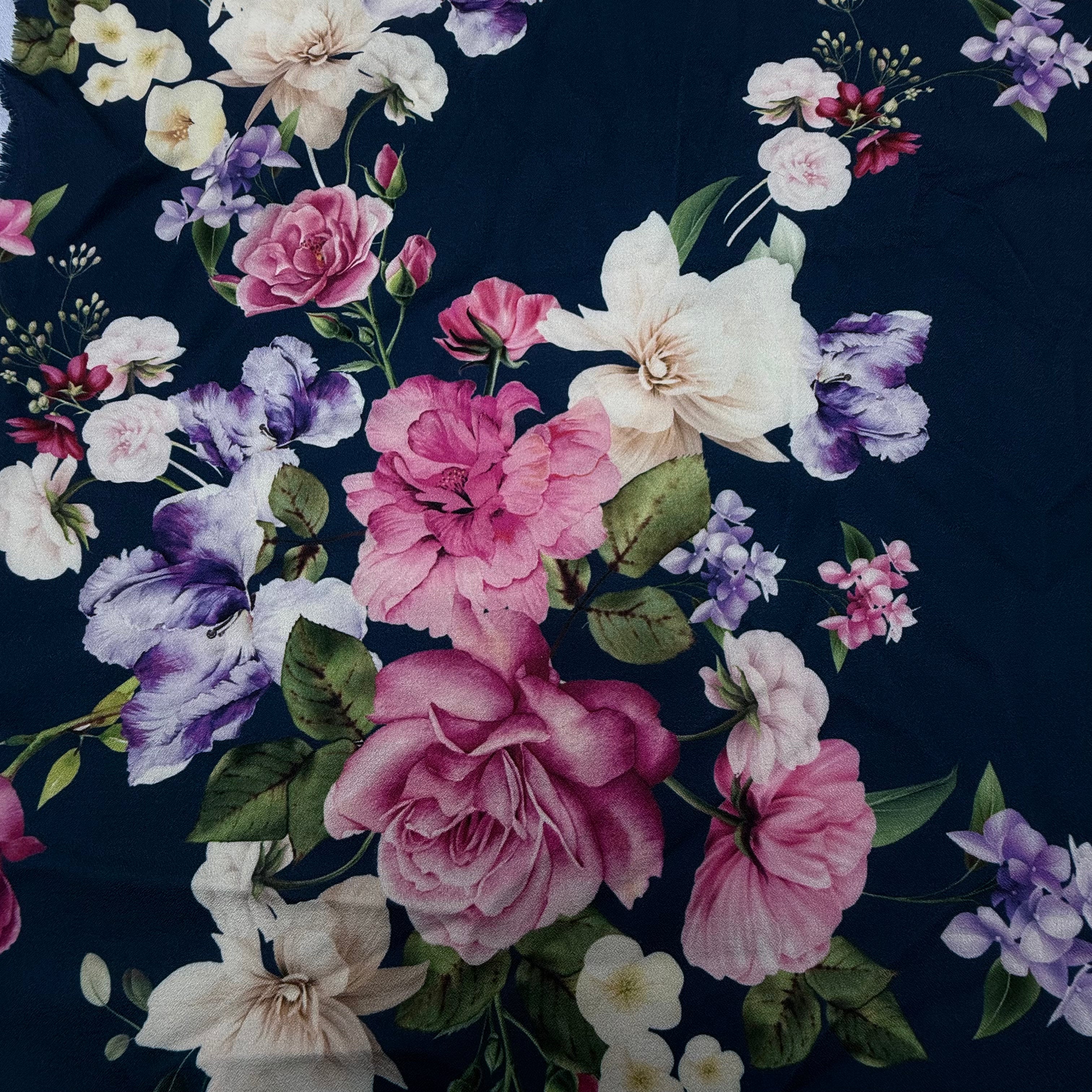 Navy Floral Printed Polyester Dressmaking Fabric | SALEXM70