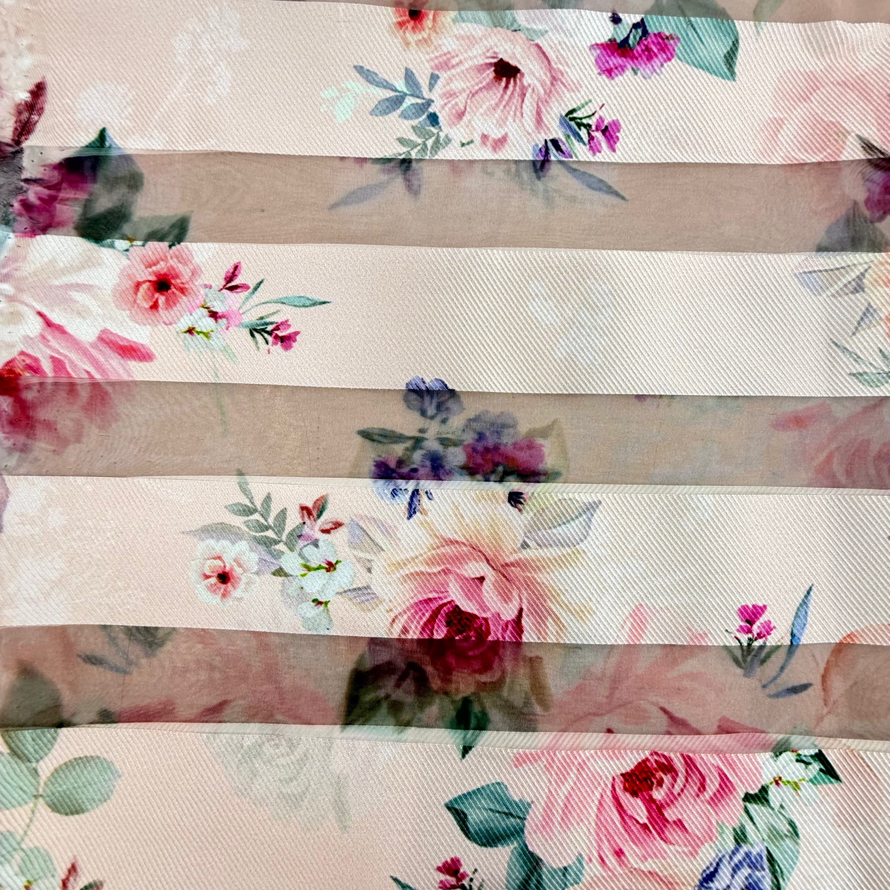 Floral Peach Stripy Printed Organza Fabric – 1.90m | SALEXM96