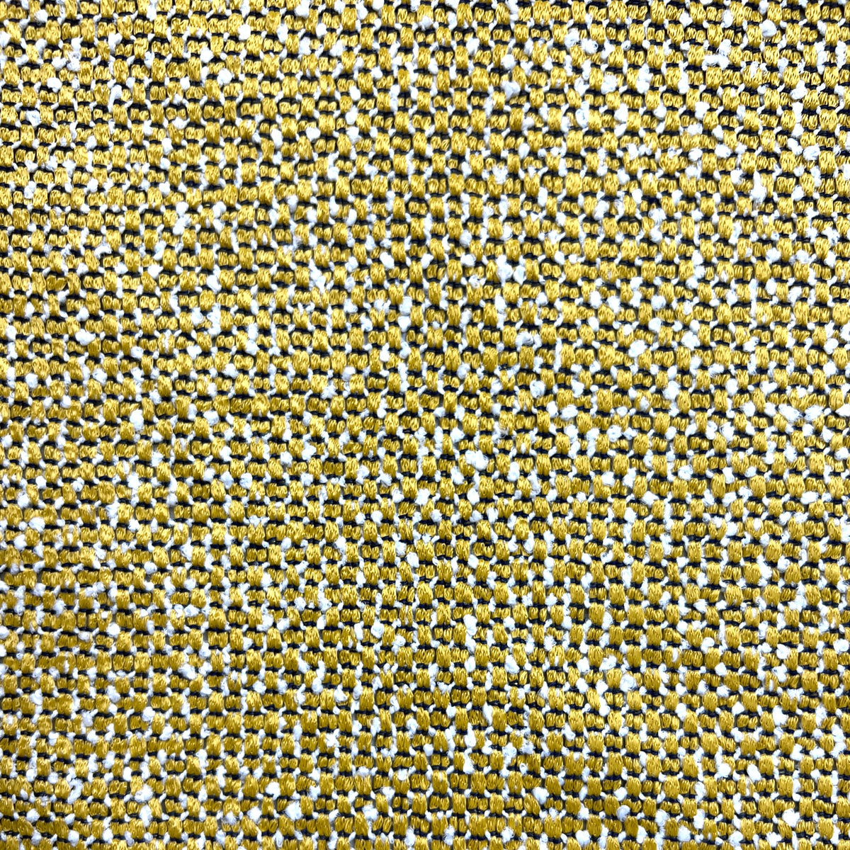 A close-up of a woven fabric texture featuring a dense pattern of yellow, white, and black threads.