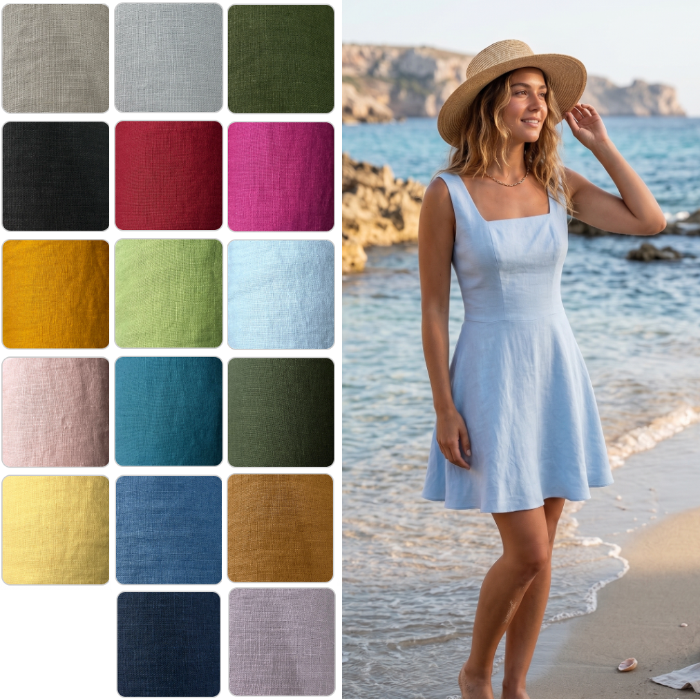 Woman in a light linen blue dress on a beach with color swatches on the side