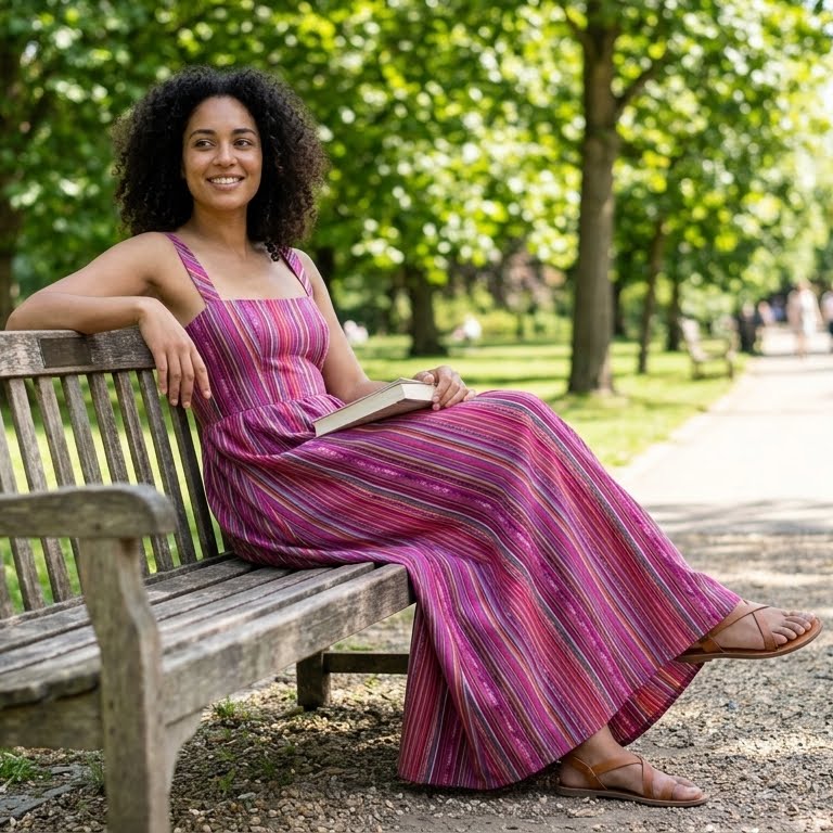 Woman in a pink striped dress sitting on a bench in a park