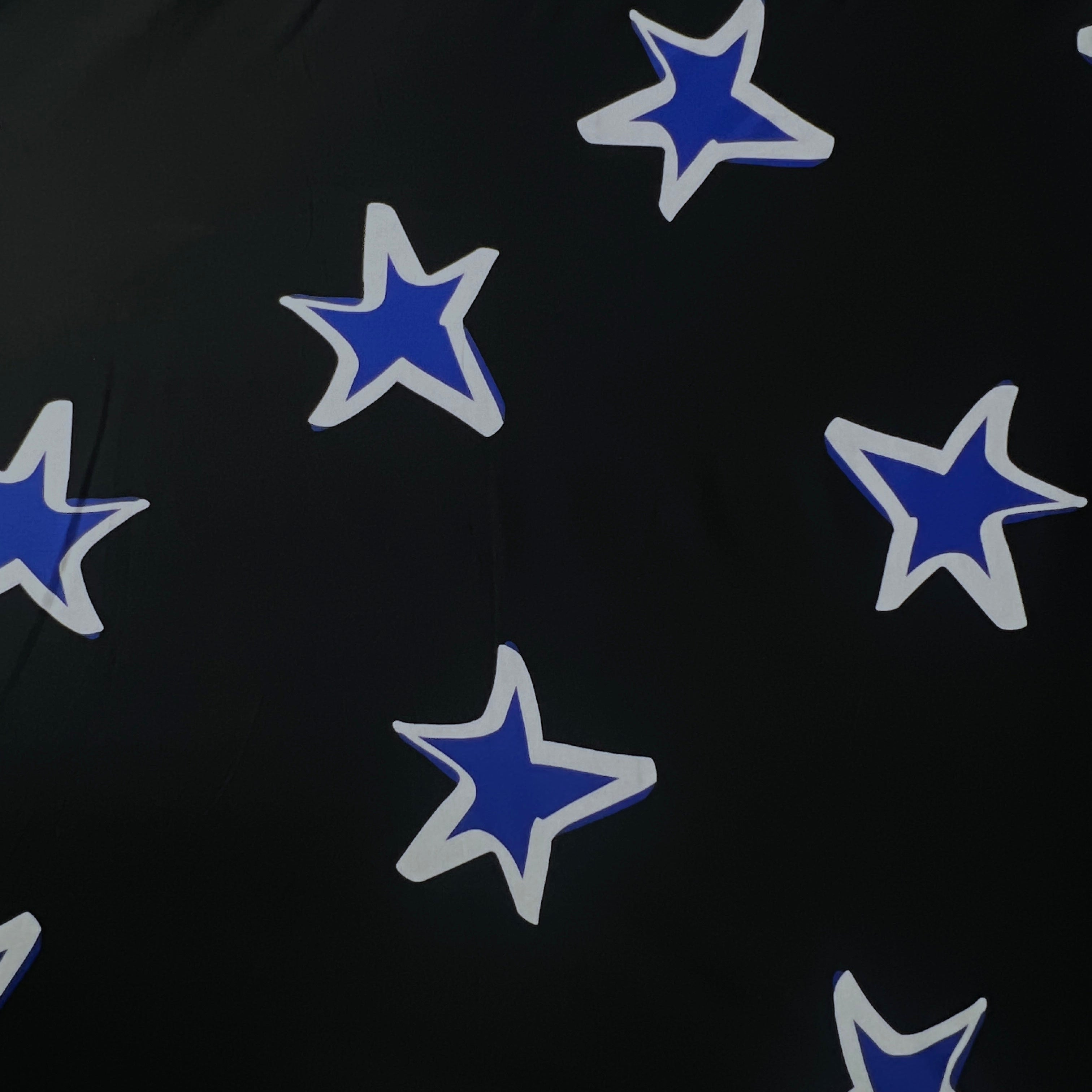 Pattern of blue stars on a black background