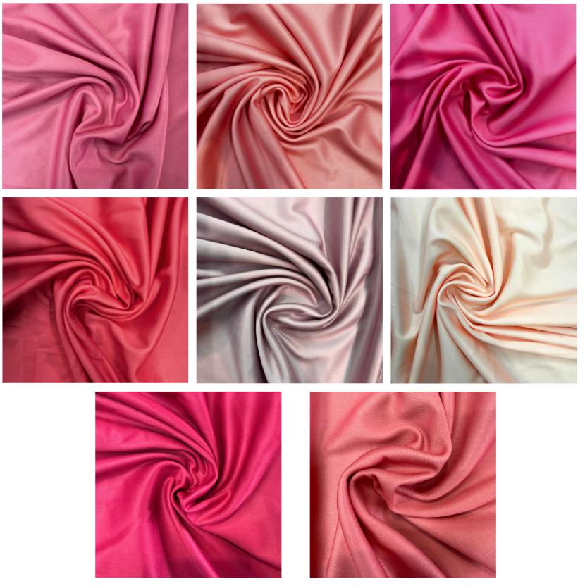 Grid of fabric swatches in various pink and red tones.
