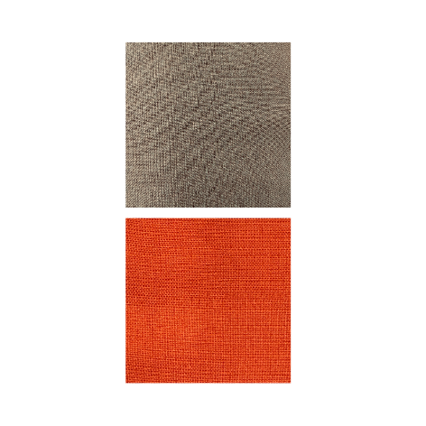 Two square fabric swatches shown vertically on a white background: the top swatch is a heathered taupe-brown woven texture, and the bottom swatch is a bright burnt orange woven texture.