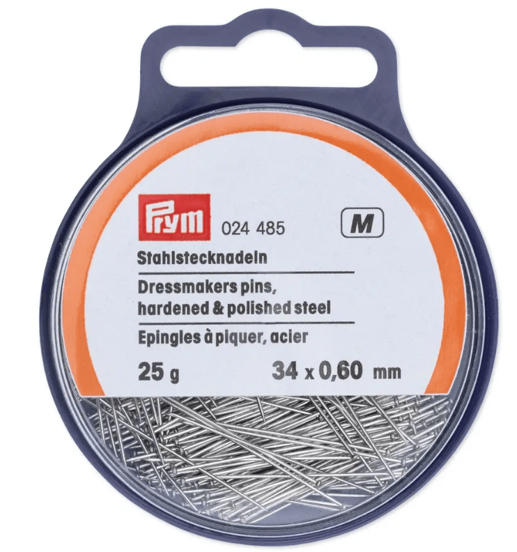 Prym steel dressmaker's pins in a plastic box.