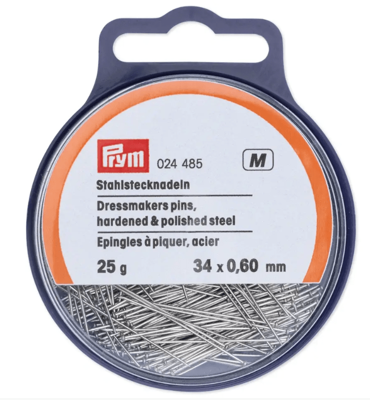 Prym steel dressmaker pins in a clear plastic box, 25g.