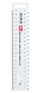 Flexible white plastic hand gauge with centimeter scale and 90 degree angle marking.