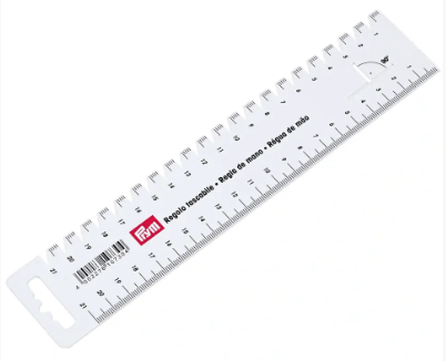 White plastic hand gauge with centimeter scale and 90 degree angle marking.