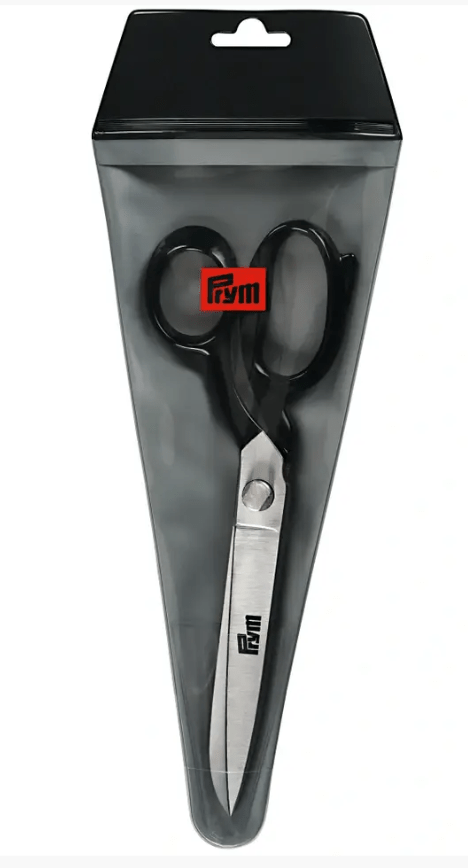 Black steel tailor's scissors in a clear plastic case with Prym branding.