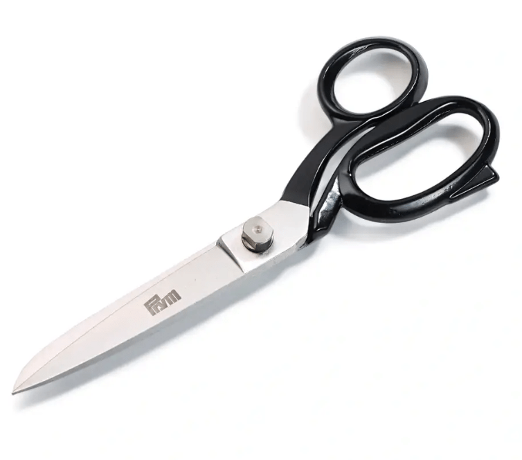 Black steel tailor's scissors with black handles.