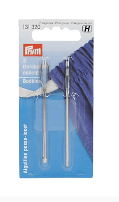 Two silver-colored steel bodkin needles for inserting elastic and cords.
