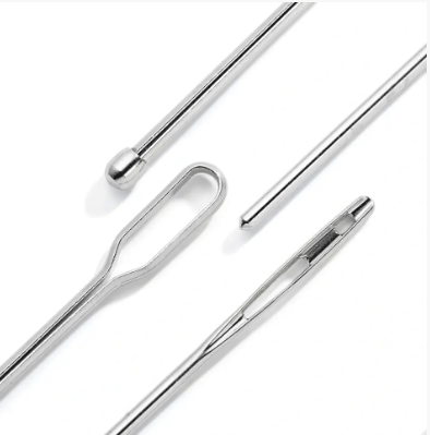 Silver-colored steel bodkins with rounded tips for inserting elastic and cords.