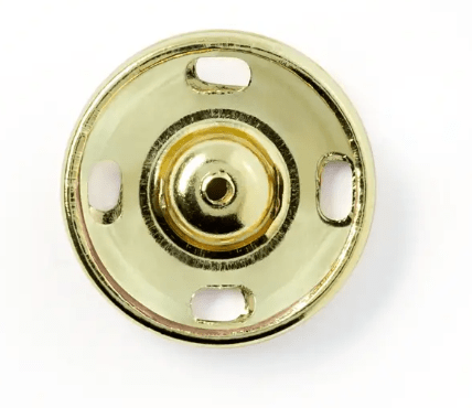 Gold-colored brass sew-on snap fastener with four attachment holes.