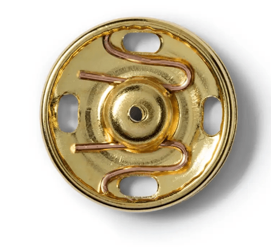 Gold-colored brass sew-on snap fastener with a central stud and four attachment slots.