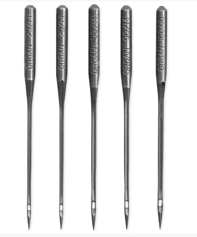 Five steel sewing machine needles with sizes 75/11, 90/14, and 100/16.
