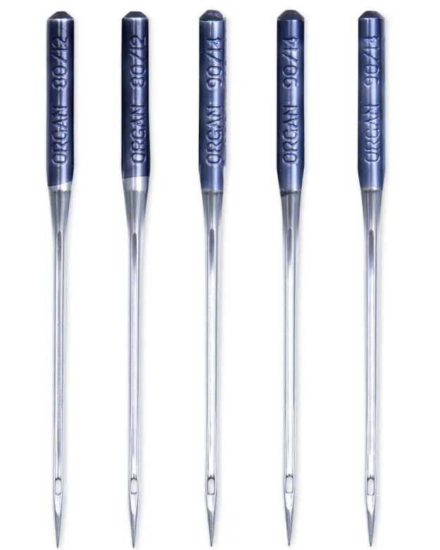 Five chrome-plated steel overlock sewing machine needles in sizes 80 and 90.