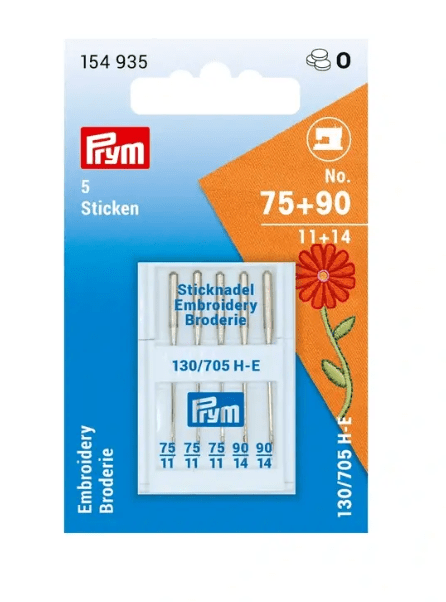 Prym embroidery sewing machine needles in sizes 75 and 90.