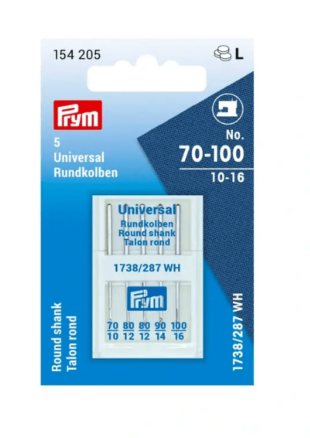 Prym universal sewing machine needles with round shanks in sizes 70-100.