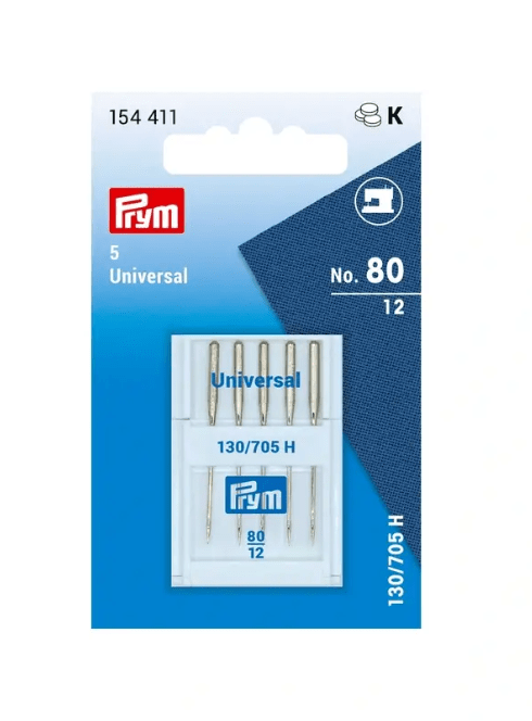 Prym universal sewing machine needles, size 80, in silver steel.