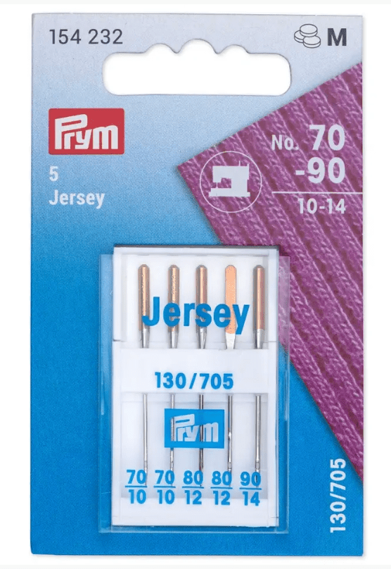 Prym Jersey sewing machine needles, assorted sizes 70-90, in a pack of five.