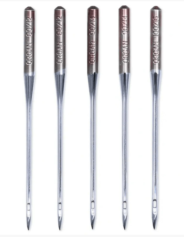 Five assorted silver sewing machine needles with sizes 80-100.