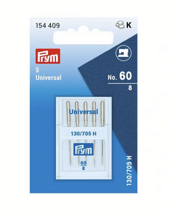 Pack of 5 silver-colored universal sewing machine needles, size 60.