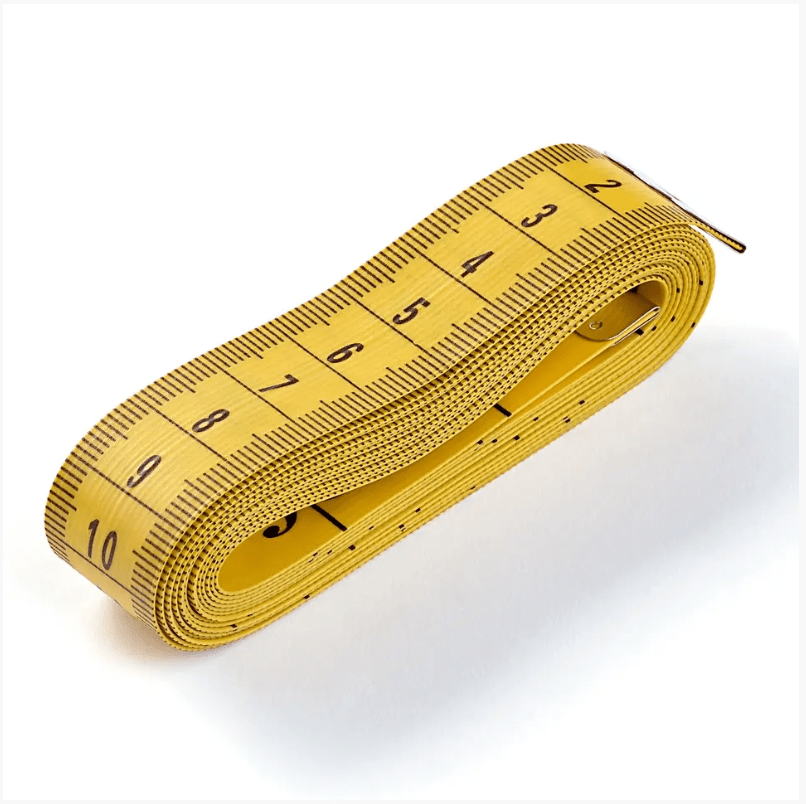 Yellow fibreglass measuring tape with centimeter markings.