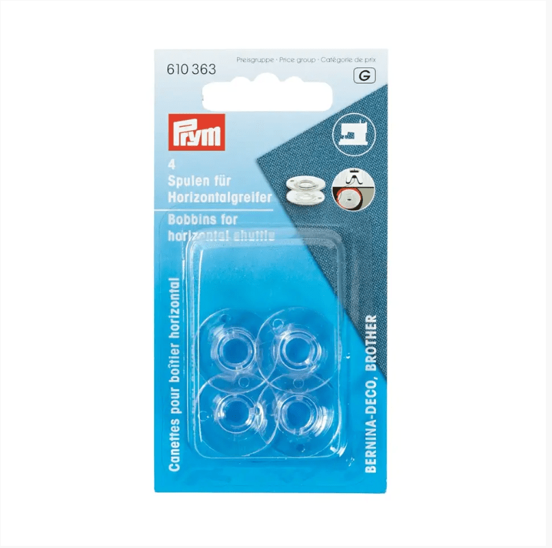 Prym transparent plastic sewing machine bobbins for horizontal gripper.