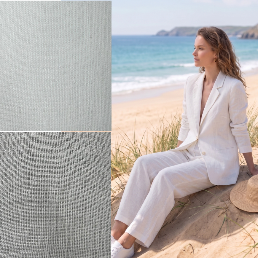 Woman in a white suit sitting on sand with beach and ocean view, fabric swatches inset.