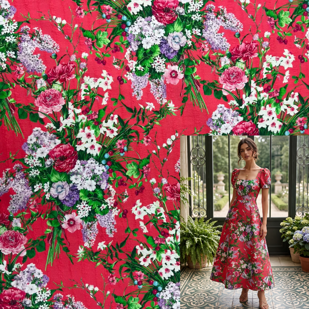 Woman in a floral dress standing in front of a vibrant floral patterned wall.