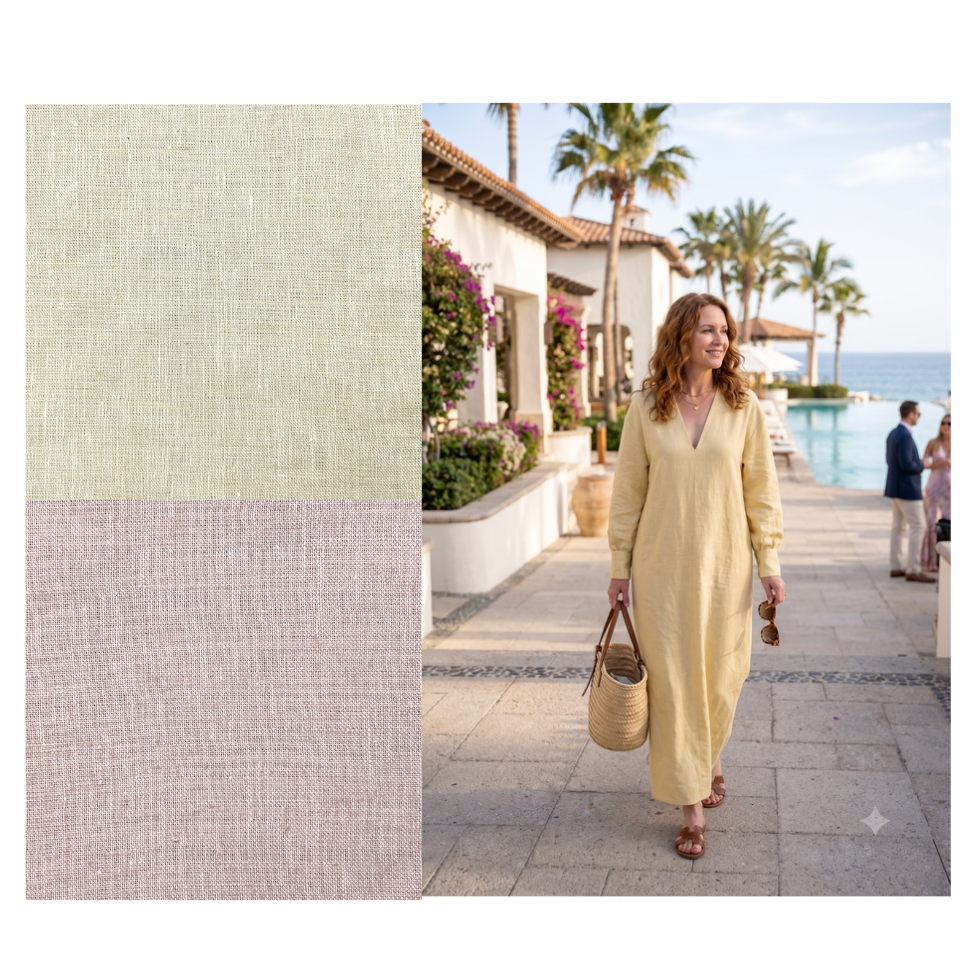 A digital presentation slide showing a split design: the left half features a dual-texture color block of sage green linen and dusty pink linen, while the right half displays a lifestyle photo of a woman in a pale yellow maxi dress walking by the ocean.