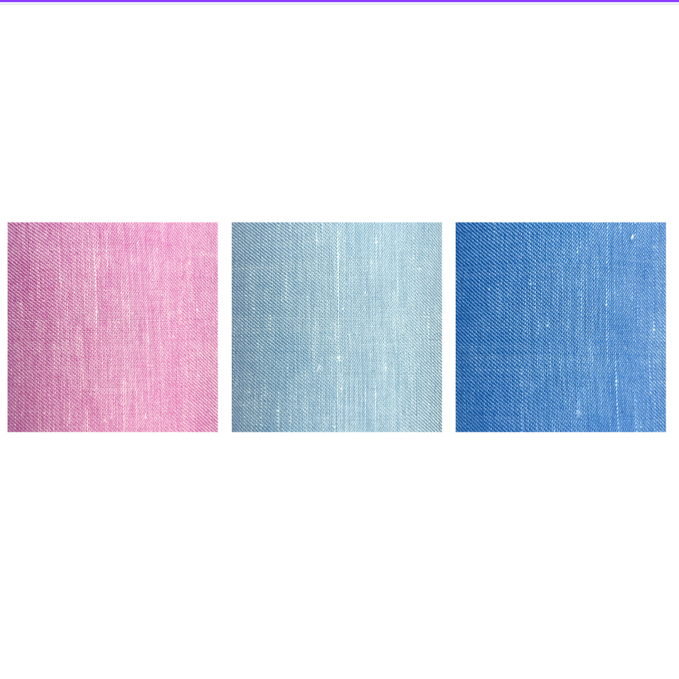 Three swatches of Loro Piana virgin wool and linen shirting fabric in pink, baby blue, and blue.