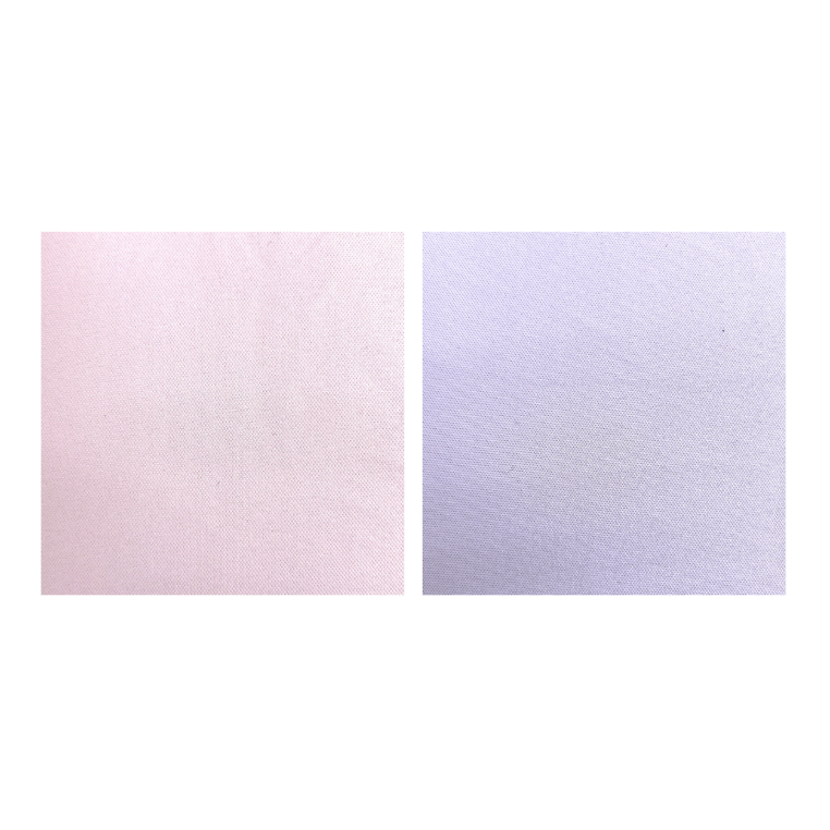 Two square fabric swatches shown side by side on a plain white background, one in very pale blush pink and one in very pale lavender.