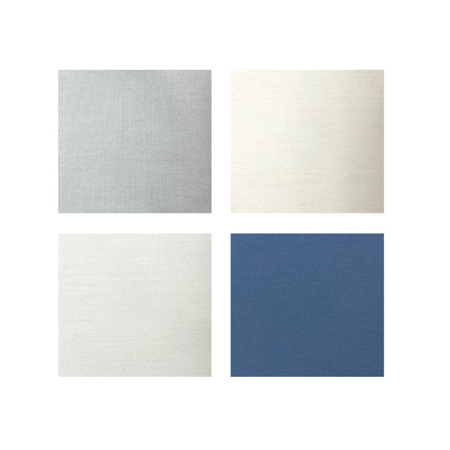 Four square material/color swatches arranged in a 2x2 grid on a white background: two light metallic silver/gray finishes, one warm off-white/cream finish, and one muted medium blue finish.