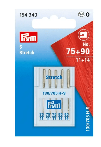 Pack of 5 silver stretch sewing machine needles.