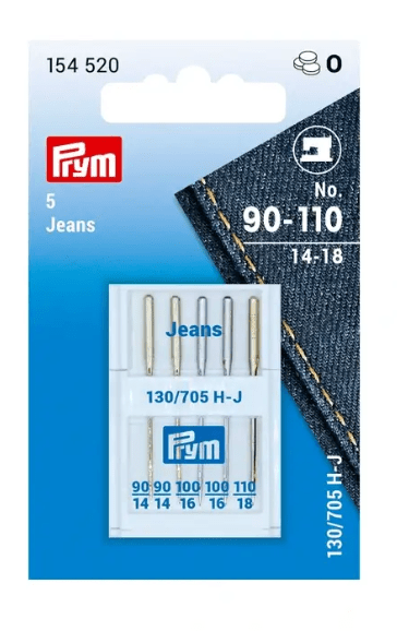 Prym Jeans sewing machine needles, 5-pack, sizes 90-110.