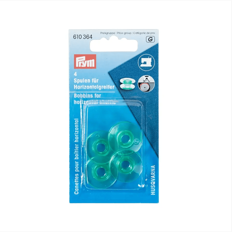 Prym transparent plastic sewing machine bobbins for horizontal gripper.