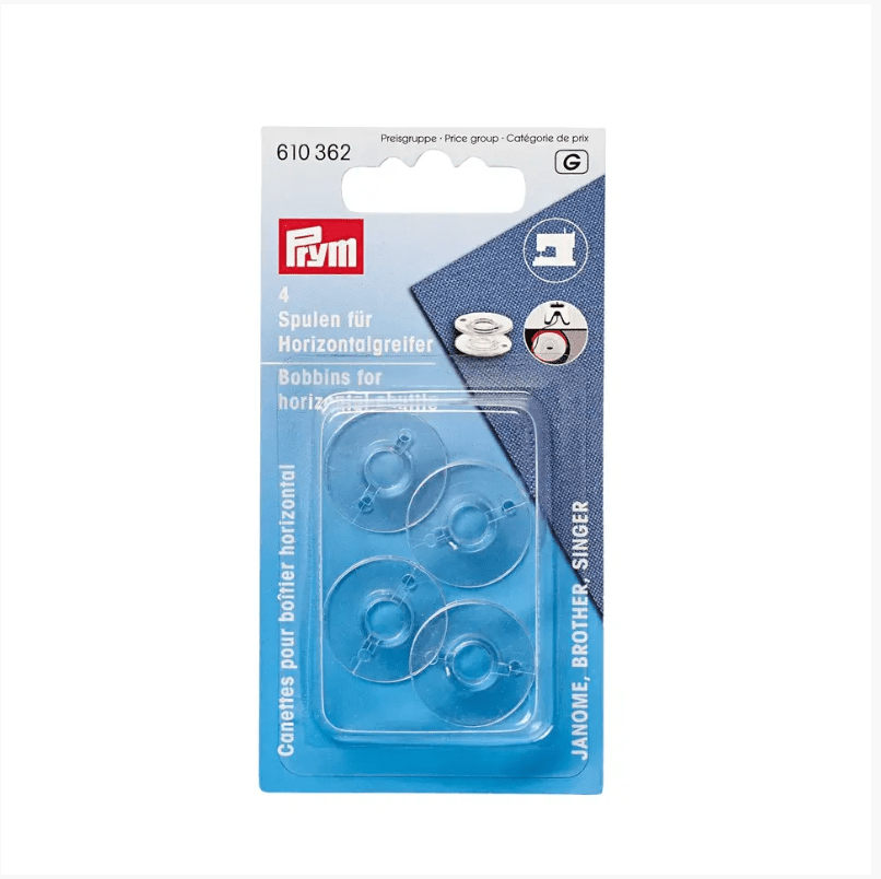 Prym transparent plastic sewing machine bobbins for horizontal gripper.