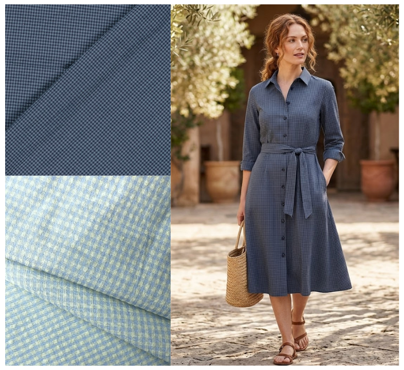 Blue checkered fabric and a woman wearing a blue checkered dress outdoors.