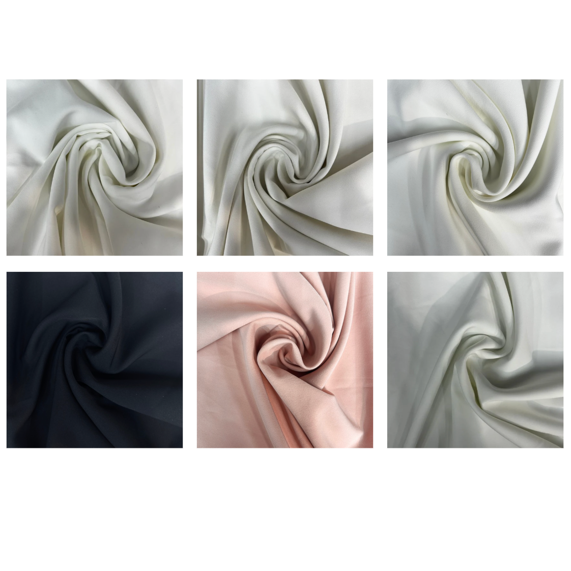 Six swatches of different fabric textures on a white background