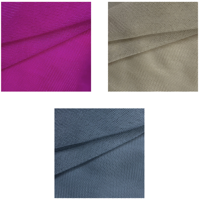 Three swatches of super strong stretch tulle mesh fabric in pink, nude, and blue colors.
